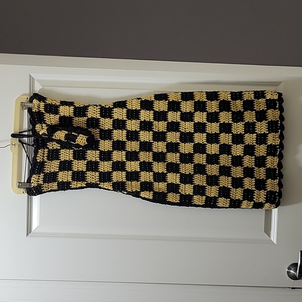 One of a Kind Black and Yellow Checkerboard Crochet Dress Size Small